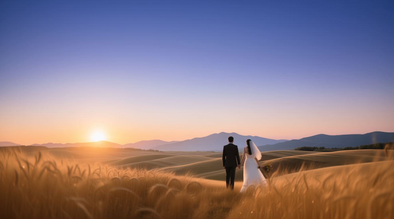 Couple walking hand-in-hand across a golden field at sunset